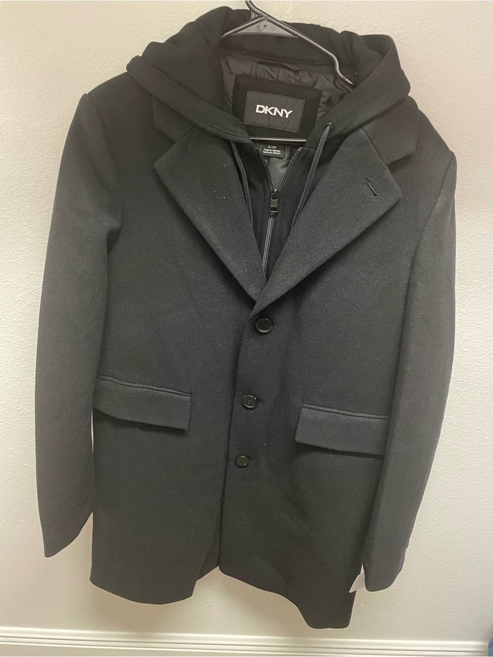 DKNY Wool Blend Peacoat Mens Small Hooded Insert Black New